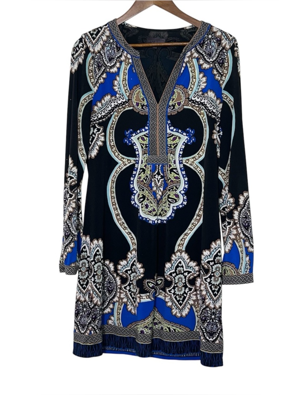 Hale Bob Blue Black Paisley Mirror Print V-Neck Jersey Tunic Shift Dress Size L